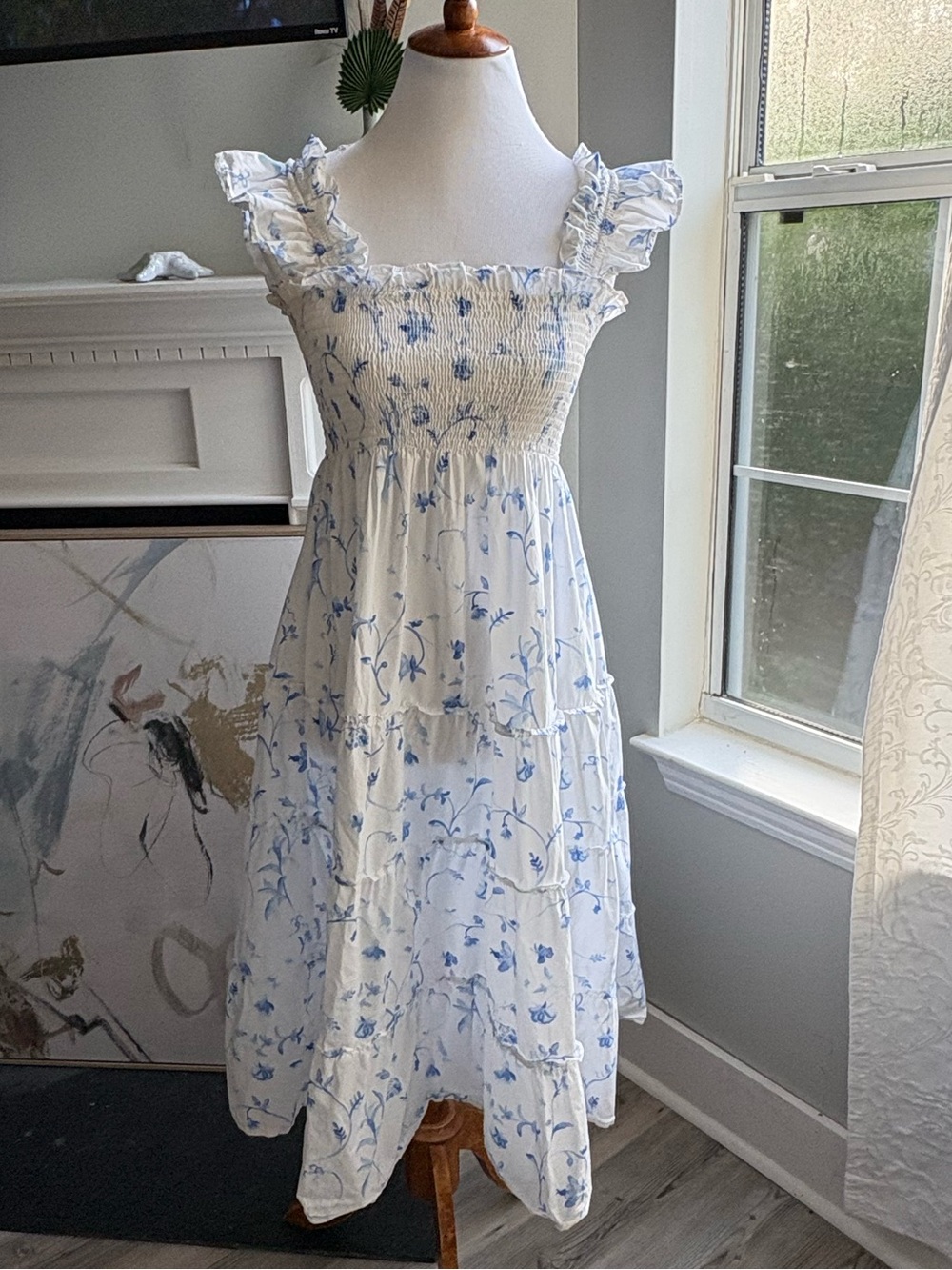 Hill House Floral Maxi Dress in White and Light Blue